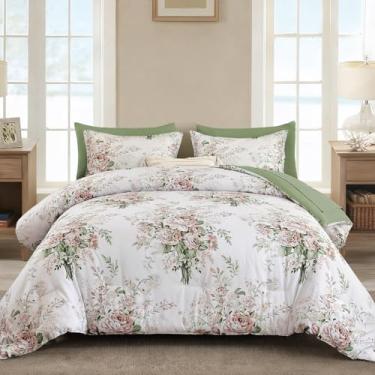 Imagem de Anibedding Conjunto de edredom Queen floral rosa, 7 peças, microfibra macia, branca, rosa, conjunto de edredom com lençol para todas as estações