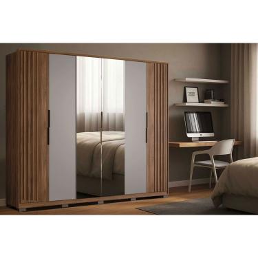 Imagem de Guarda Roupa Casal 6 Portas (2 Ripadas e 2 c/ Espelho) e 6 Gavetas c/ Pés Atrice Nogueira Touch/Nude Prime - Demóbile