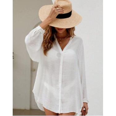 Imagem de Camisa Camisão Chemise Com Botões Manga Longa Saida de Praia Solta Mod