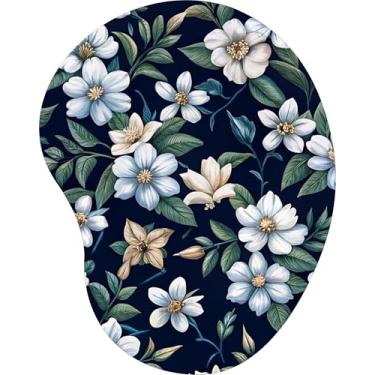 Imagem de Mouse Pad Ergonômico Gota Flores Brancas e Folhagens Fundo Marinho