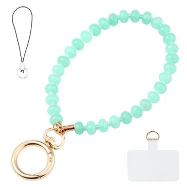 Imagem de Yeeyeow Cordão de pulso de telefone com contas de pedra natural aventurina verde, chaveiro de amuleto de pedra preciosa feito à mão para mulheres, chaveiro mãos livres, alça de pulso