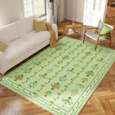Imagem de Tapetes verdes laváveis 1,5 x 2,4 m, tapete perfeito para sala de estar, quarto, decoração de quarto de crianças, berçário - resistente a manchas e água, tapete antiderrapante, adequado para animais