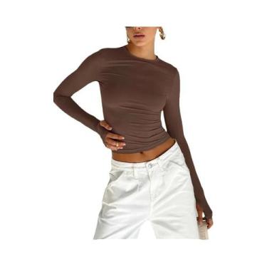Imagem de Camiseta Cropped Feminina De Manga Longa Com Decote Redondo E Abertura