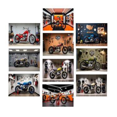 Imagem de Kit 10 Quadros Moto Garagem Oficina Mecanica Auto 21x15cm - CAMALEÃO D