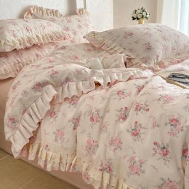Imagem de BuLuTu Conjunto de capa de edredom com babados florais rosa, tamanho solteiro para meninas, capa de edredom com bordas de renda e fronhas, estilo country francês, estilo princesa, 100% algodão