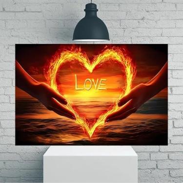 Imagem de Arte de parede em tela rústica vintage com coração flamejante amor praia pôr do sol - Pôster sem moldura de 30,5 x 45,7 cm - Ideia de presente para decoração de casa e escritório para sala de estar