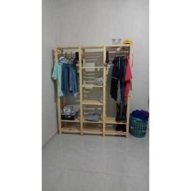 Imagem de Arara de Roupas em Madeira Pinus com Três Níveis, Natural, 170x120x31cm, Organizador para Closet e Quarto, Estilo Minimalista