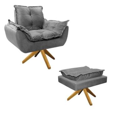 Imagem de Kit Poltrona e Puff Opala Base Giratória de Madeira Suede Cinza - Doce
