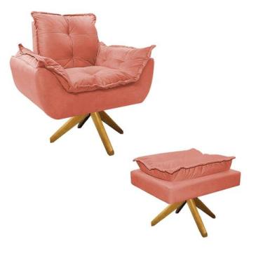 Imagem de Kit Poltrona e Puff Opala Base Giratória de Madeira Suede Coral - Doce