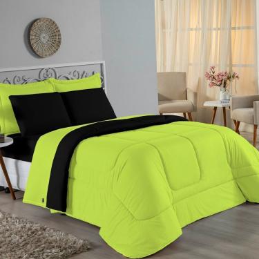 Imagem de Kit Edredom Dupla Face + Jogo De Lençol Solteiro Nobre 5 Peças Malha 100% Algodão - Pistache / Preto