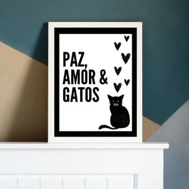 Imagem de Quadro Decorativo Paz Amor E Gatos 24X18Cm - Madeira Branca