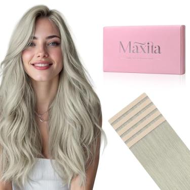 Imagem de MAXITA Extensões de cabelo humano com fita adesiva, extensões de cabelo prateado, 10 peças, 30 g, 50 cm, fita colorida para realce de festa, extensões, extensão de cabelo humano real liso e macio
