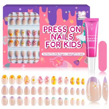 Imagem de Misssix 78 unidades de unhas de pressão para crianças, pacote com 3 kit de unhas falsas fofas, flores coloridas e velhas colas, unhas coladas em unhas para meninas de 8 a 12 anos