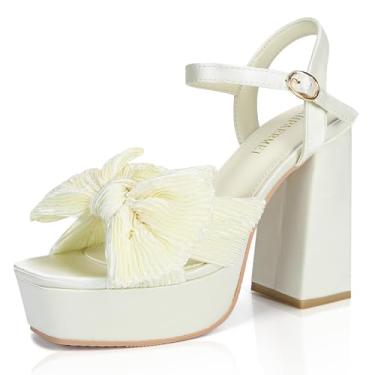 Imagem de KHPAERMEI Salto plataforma com nó de laço para mulheres, moderno, bico aberto, salto grosso, tira no tornozelo, vestido de festa de casamento, salto alto, Off-white, 41