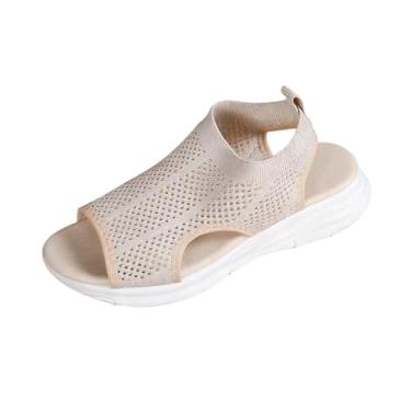 Imagem de Sandálias femininas de malha de malha com sola macia e salto baixo para conforto no verão, Bege, 38