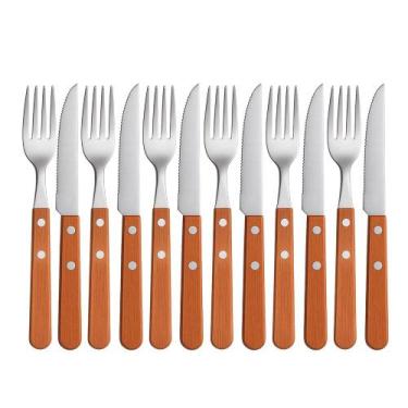 Imagem de Jogo 6 Garfos e 6 Facas Cabo de Madeira Churrasco Astana 20cm Em Casa 