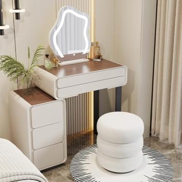 Imagem de Conjunto de mesa moderno com espelho de luz LED, mesa de maquiagem de madeira com banqueta e gavetas acolchoadas, penteadeira elegante para quartos pequenos (cinza, 50 cm)