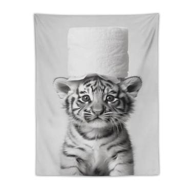 Imagem de Tapeçaria de chapéu de papel higiênico bebê tigre preto e branco impressão de arte para quarto sala de estar dormitório decoração de casa com design de animal selvagem fofo Tapeçaria 76 x 101 cm