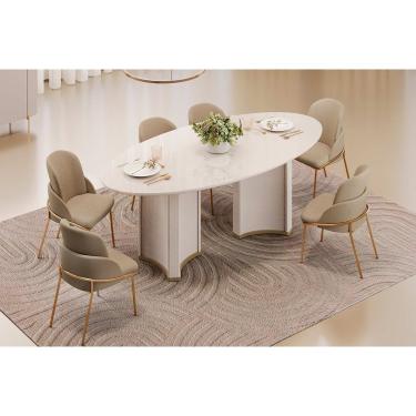 Imagem de Conjunto: Mesa Sala Jantar Liz c/ Tampo Madeirado c/ Vidro Oval 218x108cm e 6 Cadeiras Vitta Off White - Linho Bege - DJ Móveis