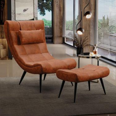 Imagem de Conjunto Poltrona E Puff Decorativo Sala De Estar Pés Palito Letty Pu Nozes G19 - Gran Belo