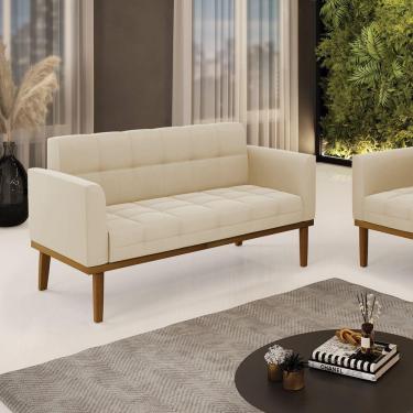 Imagem de Poltrona Namoradeira Decorativa Pés Fixo Em Madeira Castanho Suede Bege