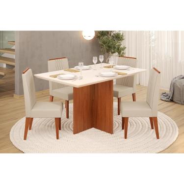 Imagem de Conjunto: Mesa de Cozinha Hera c/ Tampo Madeirado c/ Vidro Reto 120x90cm e 4 Cadeiras Lia Freijo/Off White - Linho Neve - DJ Móveis