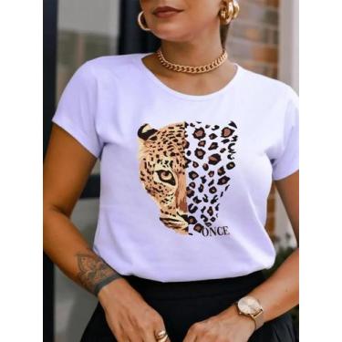 Imagem de Camiseta Feminina Blusinha 100% Algodão Com Estampa Onça Once Animal P
