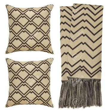 Imagem de Kit 1 manta Rústica e 2 Capas de Almofada para Sofá Geométrico Marrom 