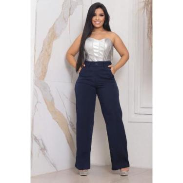 Imagem de Calça Pantalona Alfaiataria Feminina Social Cintura Alta Com bolso na 