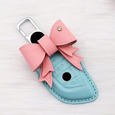 Imagem de WSWJDW Couro da capa da chave do carro capa chaveiro chaveiro bolsa, adequado para BMW E90 E60 E70 E87 1 3 5 6 Série M3 M5 X1 X5 X6 Z4, A ciano