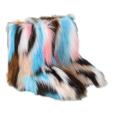 Imagem de TangDao Botas coloridas de pele sintética para mulheres, felpudo, felpudo, bico redondo, camurça, inverno, confortável, pelúcia, quente, curto, botas de neve, botas de cano médio para