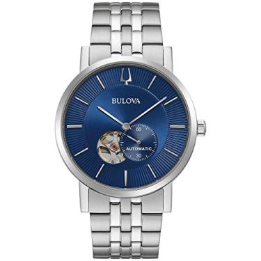Imagem de Bulova Vestido clássico masculino com 3 ponteiros 21 - Relógio automático com joias, reserva de 42 horas, recurso de hacker, ponteiro de sub-segundos, mostrador de abertura aberta,