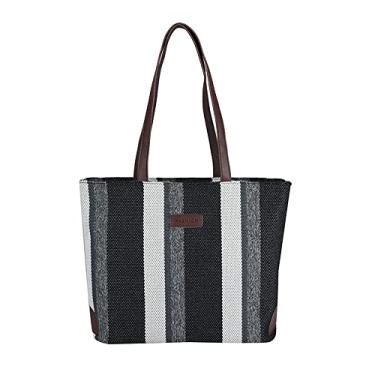 Imagem de Bolsa feminina de lona bolsa casual grande capacidade moda simples listrada bolsa de ombro Commuter bag, Preto