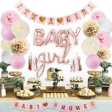 Imagem de Sweet Baby Co. Decorações de chá de bebê rosa para meninas com faixa de menina, balões de letras para bebês, pompons de flores, lanternas de papel, borlas (ouro rosa, marfim, conjunto de borlas brancas)
