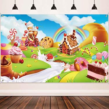 Imagem de Bandeira de pano de fundo para festa de aniversário Donut Candy, pano de fundo de donut doce de tecido grande para decoração Candyland, decoração de doces desenhos animados paisagem de chá de bebê, acessório para foto, 72,8 x 43,3 polegadas