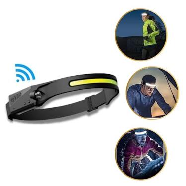 Imagem de Lanterna de Cabeça Led Recarregável Usb Fita Ajustável Resistente Agua com Sensor Liga Desliga pesca corrida trilha ciclismo