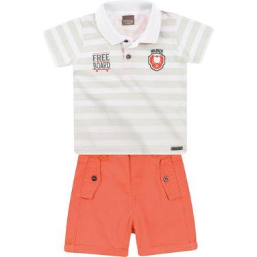 Imagem de Conjunto Bebê Brandili Camiseta Polo e Bermuda - Em Meia Malha e Sarja - Branco e Laranja