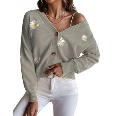 Imagem de ikasus Cardigã feminino suéter tricotado botão manga longa bordado lã malha cardigãs para senhoras meninas clima frio, cinza G