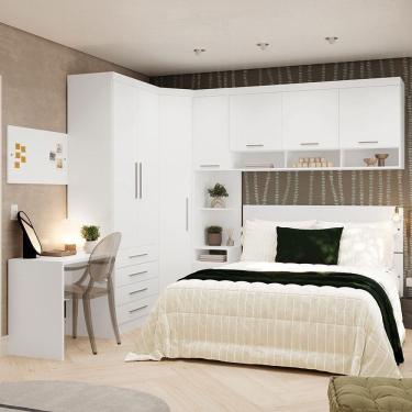 Imagem de Quarto De Canto Casal Com Guarda Roupas Cabeceira E Escrivaninha Alpes Luciane Móveis Branco Pf Com Branco Pf