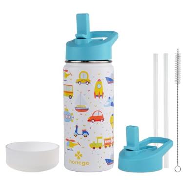 Imagem de honogo Garrafa de água infantil isolada de aço inoxidável de 473 ml, frasco térmico de metal à prova de vazamento com tampa de palha, copo infantil fofo para meninas e meninos (branco, veículo)