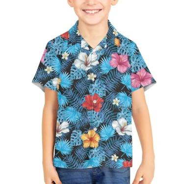 Imagem de Camisetas havaianas de manga curta tropicais com botões de botão unissex para verão para crianças de 3 a 16 anos, Flor tropical, 13-14 Years