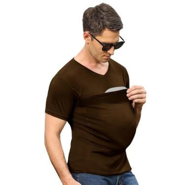 Imagem de Camiseta masculina para transporte de bebê, gola V, manga curta, camiseta pele a pele com bolso, Marrom, XXG