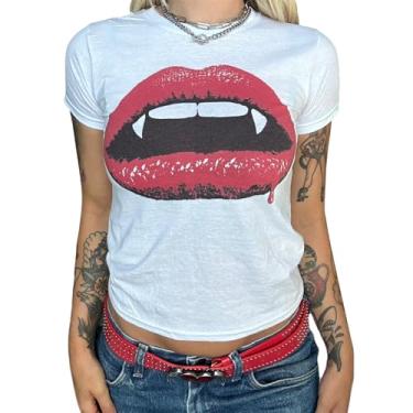 Imagem de Camiseta feminina de manga curta com estampa gráfica vintage dos anos 90 Estética Crop Top Y2K Grunge Going Out Tops, Camiseta B Red Lips Baby, M
