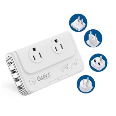 Imagem de Ceptics Conversor de tensão de 200 W, converte 220 V para 110 V para dispositivos como modelador de cachos, alisador, carregadores, plugue de alimentação mundial step down – 4 USB QC rápido 3.0 – EU/AU/UK/EUA incluído