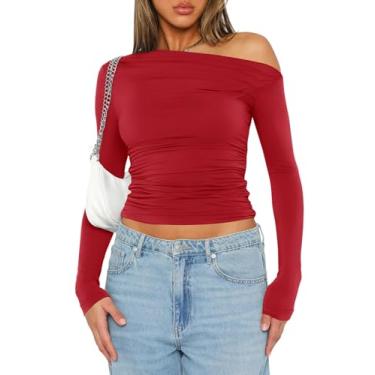 Imagem de LOMON Camiseta feminina de manga comprida com ombros de fora para sair camiseta sexy primavera franzida roupas Y2K, Red-modal, GG