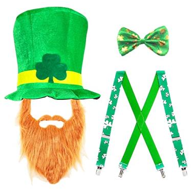 Imagem de Pinsway Cartola de veludo do Dia de São Patrício com suspensórios de gravata marrom falsa conjunto de acessórios de fantasia de duende verde (conjunto 1)