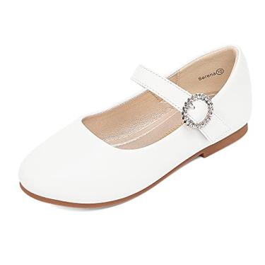 Imagem de PANDANINJIA Sarena sapato social feminino strass florista bailarina sapatilhas de balé Mary Jane festa de casamento sapatos escolares para crianças pequenas crianças grandes, Poliuretano branco, 9