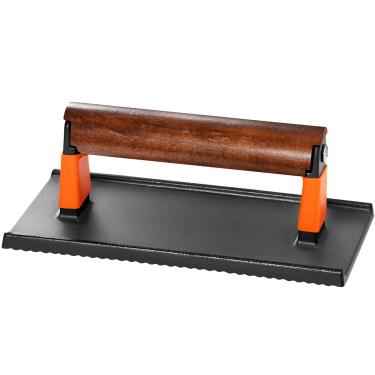 Imagem de GGC Prensa de bacon para grelha, prensa de hambúrguer de ferro fundido para hambúrguer, bife, bacon, sanduíches, prensa de carne retangular de 20 x 10 cm com cabo de madeira para grelhar e cozinhar