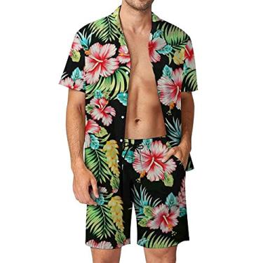 Imagem de Eisctnd Conjunto de 2 peças de camisetas e shorts vintage masculino dos anos 80 e 90 com botões de praia retrô, Flor verde, M
