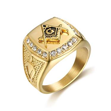 Imagem de CJiePeiC Anel de aço inoxidável maçônico com símbolo maçônico banhado a ouro 18 K para homens - joias hip hop punk rock, 11, Strass, Zircônia cúbica